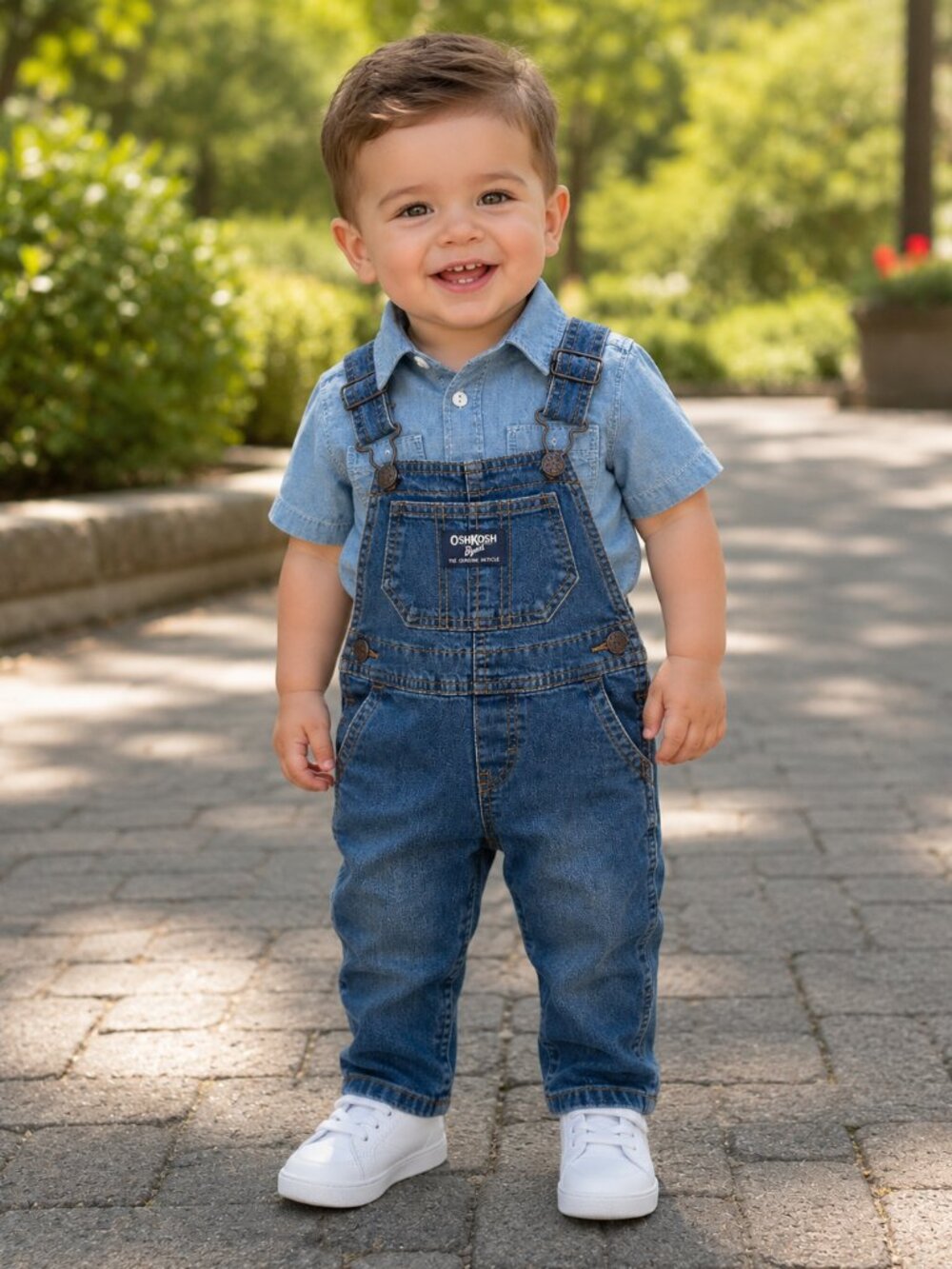 NWT OshKosh B’gosh Toddler Boy Outfit Set 18M Chambray Shirt & Denim Overalls